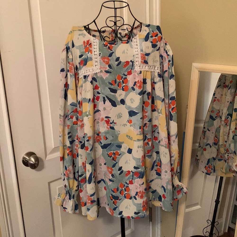 entro pink, green, yellow & orange crochet cutout trim long-sleeve blouse 2x
